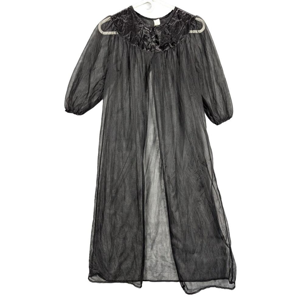 Vintage Berkliff Nylon Robe Womens Medium Night Gown Black Sheer Lingerie Flowy